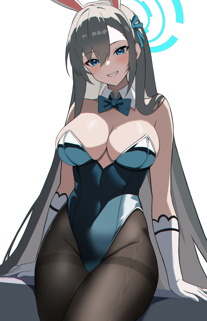 1girl absurdres akagi_koku animal_ears asuna_(blue_archive) asuna_(bunny)_(blue_archive) backlighting bare_shoulders blue_archive blue_eyes blue_leotard bow bowtie breasts brown_pantyhose cleavage covered_navel cowboy_shot detached_collar fake_animal_ears gloves grey_hair grin hair_ribbon hairband halo head_tilt highleg highleg_leotard highres large_breasts leotard long_hair looking_at_viewer mole mole_on_breast official_alternate_costume pantyhose playboy_bunny rabbit_ears ribbon smile solo strapless strapless_leotard thighband_pantyhose very_long_hair white_gloves
