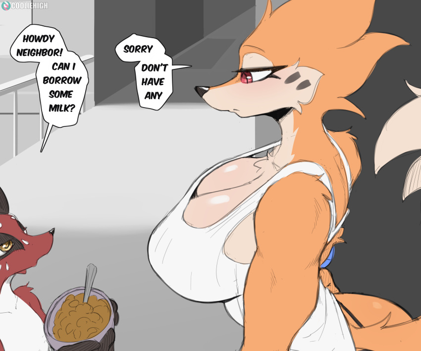 6:5 absurd_res anthro big_breasts breasts buizel cleavage clothed clothing cooliehigh dialogue english_text female generation_4_pokemon generation_8_pokemon hi_res male nickit nintendo pokemon pokemon_(species) shirt size_difference tank_top text topwear