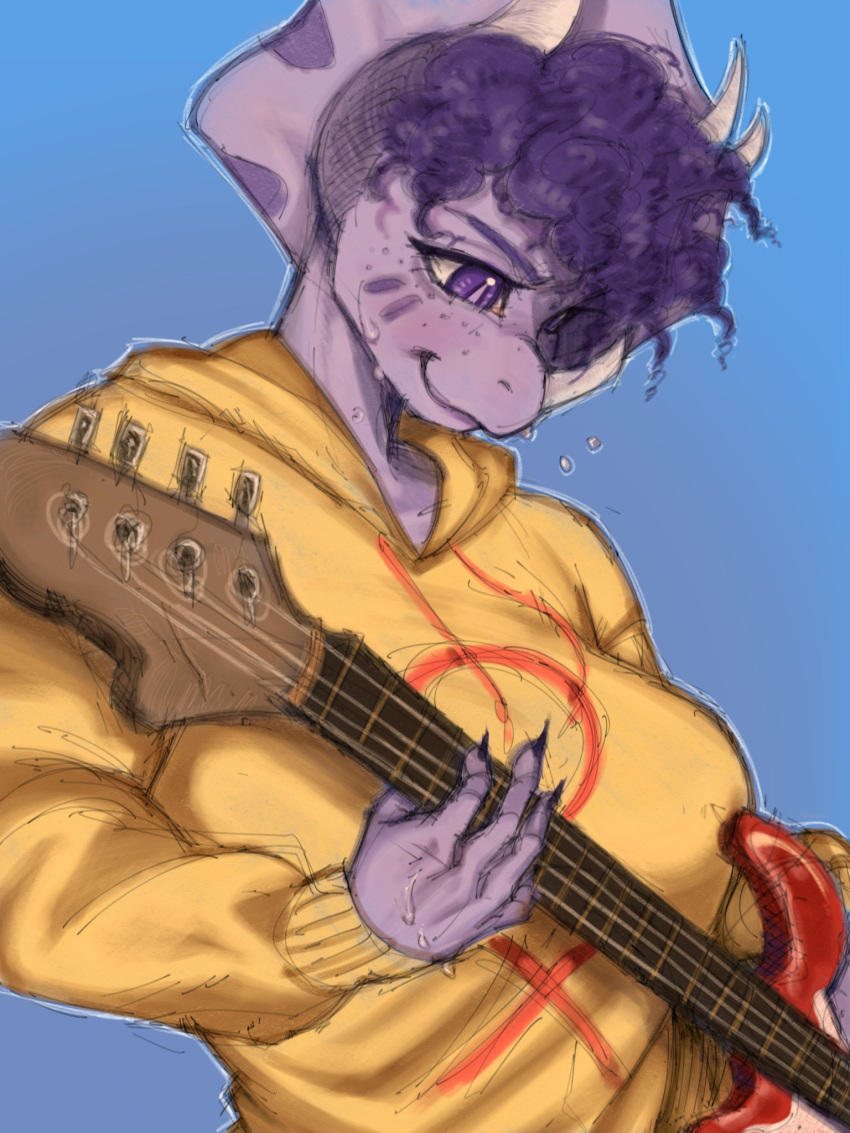 3_horns 5_fingers anthro bass_guitar big_breasts bodily_fluids bone_frill breasts ceratopsian clothed clothing colored dinosaur fingers frill_(anatomy) goodbye_volcano_high guitar hair hi_res holding_bass hoodie horn kinky_hair multi_horn musical_instrument ornithischian playing_bass plucked_string_instrument pupils purple_body purple_eyes purple_hair purple_scales reptile scales scalie simple_background slit_pupils smile snoot_game snout solo string_instrument sweat tendocake topwear triceratops trish_(gvh)