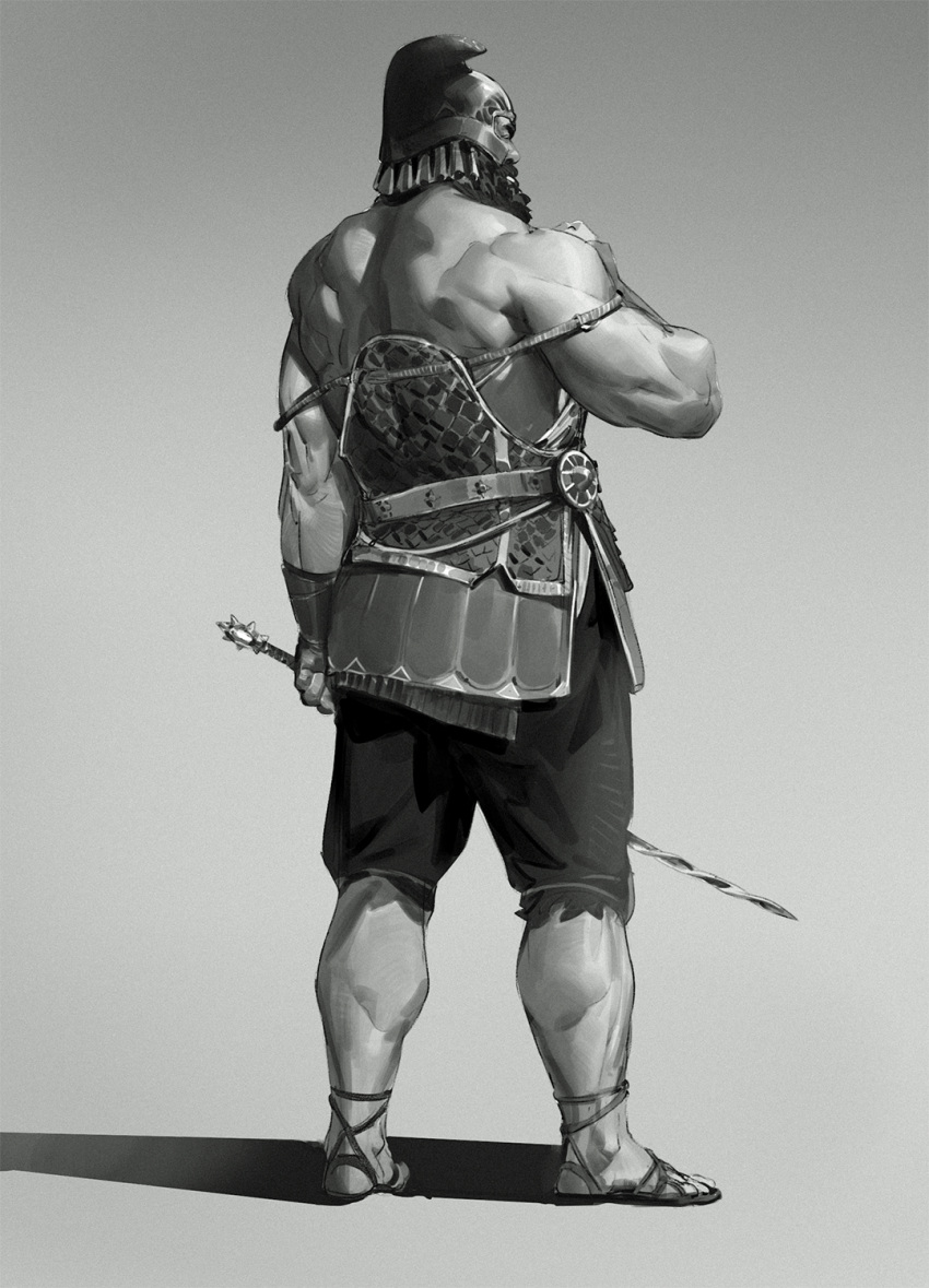 1boy bara bare_back bare_shoulders beard calf costume_request facial_hair facing_away from_below full_body greyscale highres holding holding_sword holding_weapon long_beard male_focus monochrome muscular muscular_male original roman_clothes solo standing sword tooboshoo weapon weapon_request