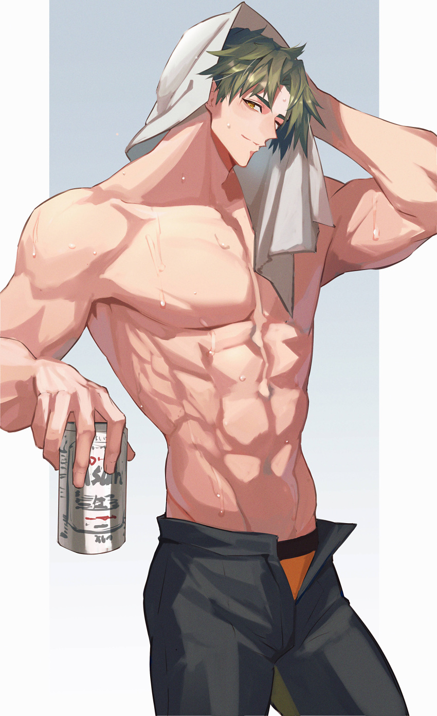 1boy abs absurdres achilles_(fate) beer_can black_pants blush brown_eyes can closed_mouth fate/apocrypha fate_(series) green_hair haruakira head_tilt highres holding holding_can large_pectorals looking_at_viewer male_focus male_underwear male_underwear_peek muscular muscular_male open_fly orange_male_underwear pants pectorals short_hair smile solo topless_male towel underwear wet