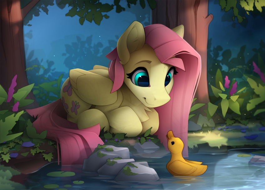 anatid anseriform avian bird blue_eyes cutie_mark duck flower fluttershy_(mlp) friendship_is_magic fur hair hasbro hi_res lily_pad my_little_pony pink_hair plant pond rock tree water yakovlev-vad yellow_body yellow_fur