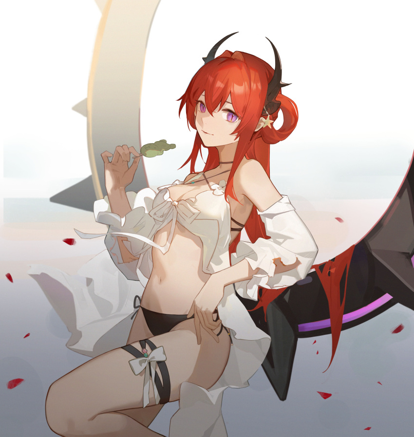 1girl absurdres arknights bare_shoulders bikini choker commentary_request criss-cross_halter detached_sleeves food hair_intakes hair_rings halterneck hand_up highres holding holding_food horns long_sleeves looking_at_viewer navel official_alternate_costume popsicle purple_eyes red_hair riknz side-tie_bikini_bottom solo stomach surtr_(arknights) surtr_(colorful_wonderland)_(arknights) swimsuit thigh_strap thighs