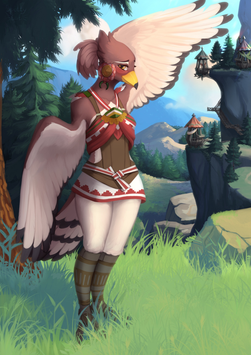 anthro avian avian_feet beak blush bottomwear clothing cloudscape day ear_piercing ear_ring evergreen_tree feathers female grass hi_res light looking_at_viewer nature nature_background nintendo piercing pine_tree plant ring_piercing rito rito_village skirt sky solo spotty.cat sunlight tail_feathers the_legend_of_zelda tree white_body winged_arms wings yellow_eyes