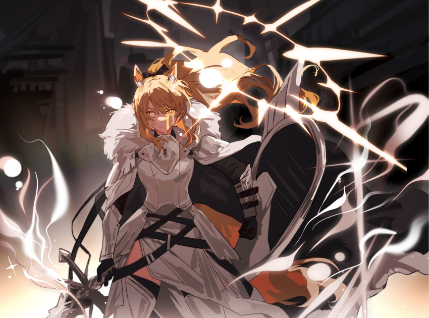 1girl animal_ears arknights armor black_gloves black_thighhighs blemishine_(arknights) blonde_hair cape coat dress frown fur-trimmed_cape fur_trim gauntlets gloves gradient_background greaves grey_background highres holding holding_shield holding_sword holding_weapon horse_ears horse_tail indoors lens_flare long_hair looking_at_viewer ma_(xxxx-xl) magic shield side_slit solo sword tail thighhighs weapon white_coat white_dress yellow_blood yellow_eyes