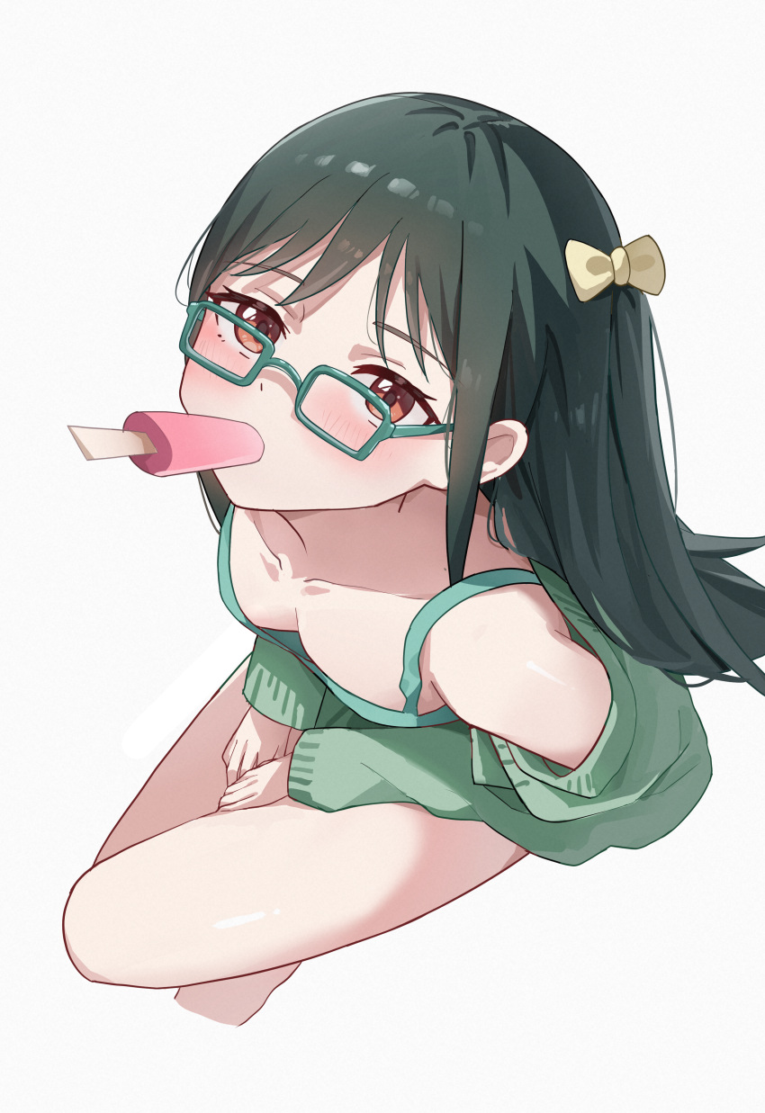 1girl absurdres aftamc bare_shoulders blush bow breasts commission dress food food_in_mouth from_above glasses green-framed_eyewear green_dress green_jacket grey_background hair_bow highres jacket long_sleeves love_live! love_live!_nijigasaki_high_school_idol_club mifune_shioriko mouth_hold off_shoulder one_side_up open_clothes open_jacket popsicle red_eyes simple_background sitting skeb_commission sleeveless sleeveless_dress sleeves_past_wrists small_breasts solo yellow_bow