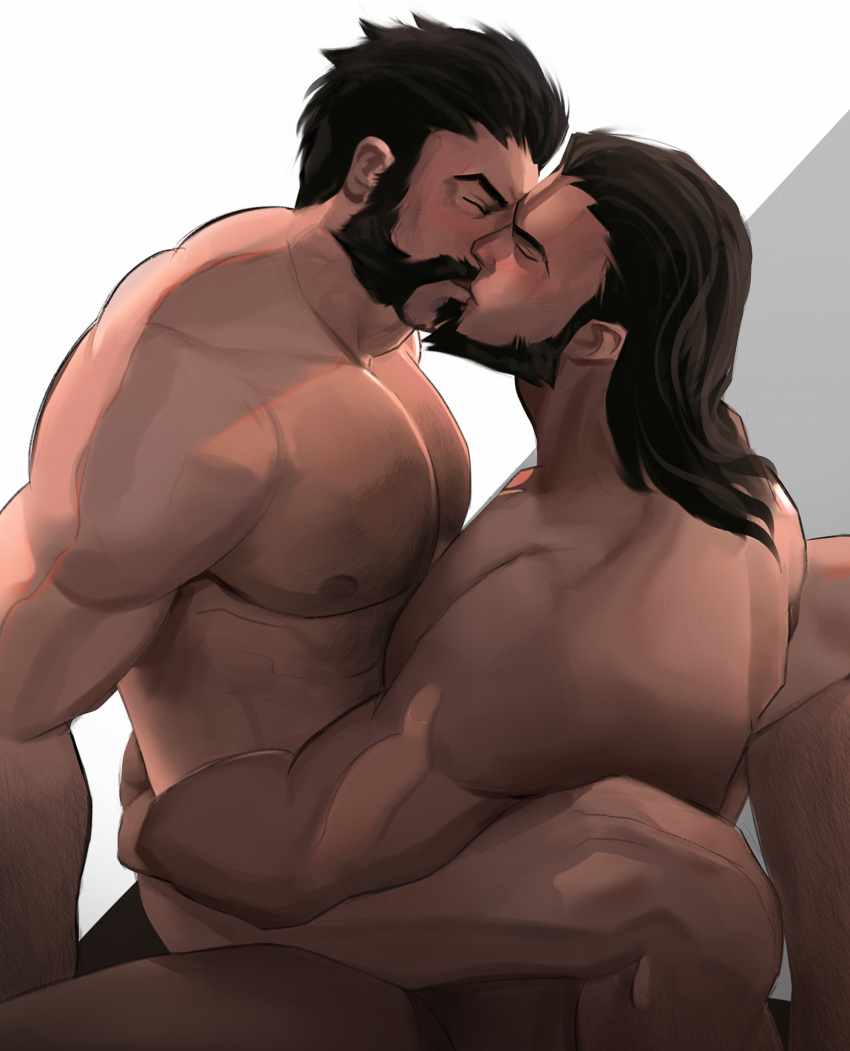 2boys absurdres arms_around_waist bara beard black_hair chest_hair closed_eyes completely_nude cowgirl_position facial_hair feet_out_of_frame from_side graves_(league_of_legends) hair_slicked_back happy_sex highres kiss large_pectorals league_of_legends long_hair male_focus mature_male multiple_boys muscular muscular_male nipples nude pectorals short_hair sitting sitting_on_lap sitting_on_person sociopotato1 straddling thick_eyebrows twisted_fate two-tone_background