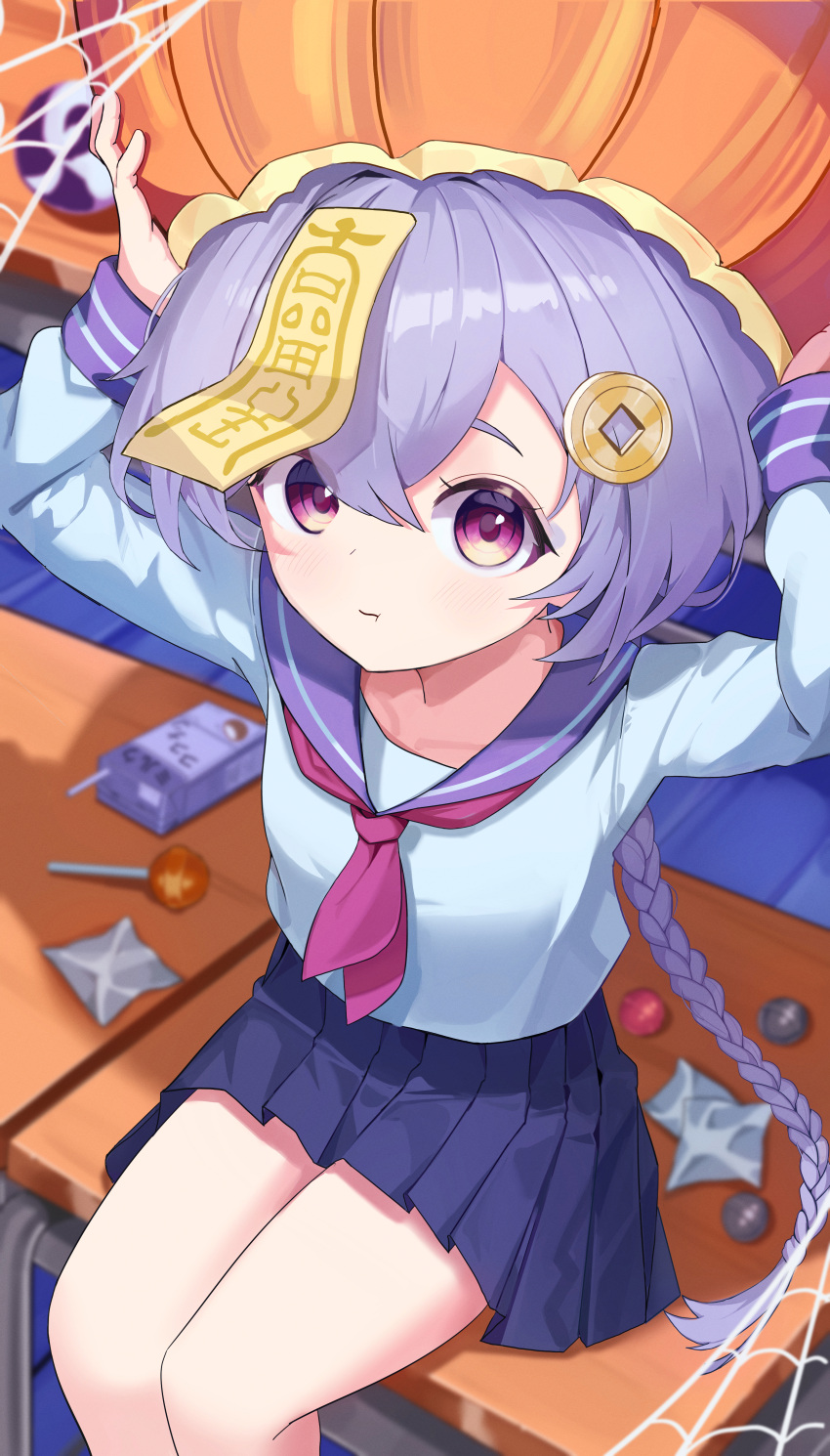 1girl absurdres blue_skirt braid candy closed_mouth coin_hair_ornament desk food genshin_impact hair_between_eyes hair_ornament hat highres jewelry jiangshi long_braid long_hair long_sleeves miniskirt necktie ofuda on_desk purple_eyes purple_hair qing_guanmao qiqi_(genshin_impact) school_uniform serafuku single_braid sitting sitting_on_desk skirt slime401 solo talisman