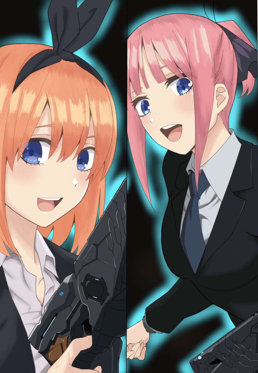 2girls :d absurdres alternate_costume alternate_hairstyle black_ribbon black_suit blue_eyes blue_necktie blunt_bangs blush breasts collared_shirt commentary_request cosplay double-parted_bangs eyebrows_hidden_by_hair eyelashes eyes_visible_through_hair formal go-toubun_no_hanayome gun hair_between_eyes hair_ribbon highres holding holding_gun holding_weapon kouta(34765766) large_breasts long_sleeves looking_at_viewer medium_hair multiple_girls nakano_nino nakano_yotsuba necktie open_mouth orange_hair pink_hair psycho-pass ribbon shirt siblings sisters smile straight_hair suit twins weapon white_shirt