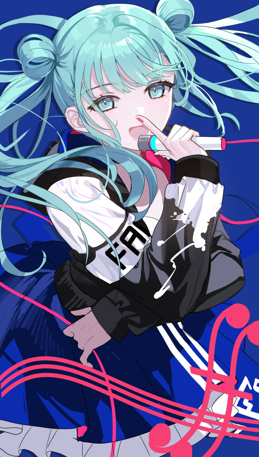 1girl absurdres aqua_eyes aqua_hair commentary fingernails hand_up hatsune_miku highres holding holding_microphone jacket long_hair long_sleeves looking_at_viewer lower_teeth_only microphone mona0101 open_mouth pink_nails project_sekai short_twintails solo teeth twintails vivid_bad_squad_(project_sekai) vivid_bad_squad_miku vocaloid