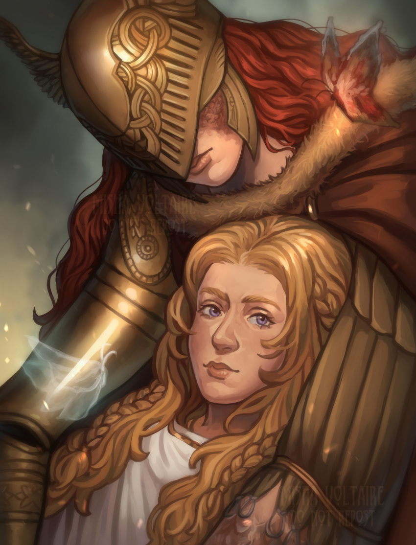 1boy 1girl arm_around_shoulder blonde_hair braid brother_and_sister bug burn_scar butterfly cloak covered_eyes elden_ring fur_collar gold_armor gold_dress helmet helmet_over_eyes highres hug long_hair looking_at_viewer malenia_blade_of_miquella miquella_(elden_ring) mishavoltaire prosthesis prosthetic_arm purple_eyes red_cloak red_hair robe scar siblings twin_braids twins visor_(armor) white_robe winged_helmet