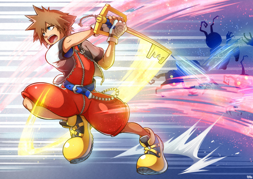 04sora40 1boy belt blue_belt blue_eyes brown_hair full_body gloves heartless holding holding_weapon jacket jewelry keyblade kingdom_hearts male_focus necklace open_mouth short_hair sora_(kingdom_hearts) teeth weapon white_gloves white_jacket yellow_footwear zipper