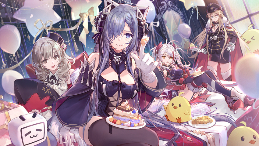 4girls antenna_hair august_von_parseval_(azur_lane) azur_lane bare_shoulders bismarck_(azur_lane) black_gloves black_thighhighs blonde_hair blue_eyes breasts brown_eyes cake cleavage closed_mouth collar commentary_request cross-laced_clothes csyday detached_sleeves eating food frilled_collar frills gloves grey_hair hand_on_own_hip hat highres holding holding_plate indoors large_breasts luetzow_(azur_lane) manjuu_(azur_lane) military_hat military_uniform multicolored_hair multiple_girls open_mouth plate pointing pointing_at_viewer prinz_eugen_(azur_lane) purple_hair red_gloves smile streaked_hair thighhighs tongue tongue_out two-tone_gloves uniform white_gloves wide_sleeves yellow_eyes