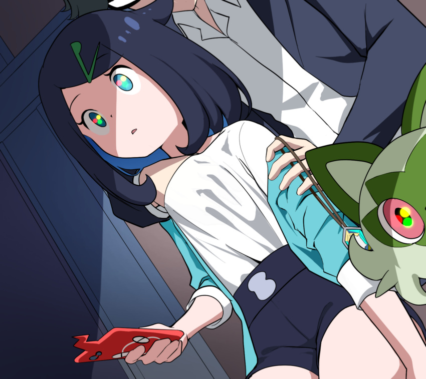 1boy 1girl black_hair black_jacket black_shorts collared_shirt commentary cowlick etlabsotwe eyelashes green_eyes green_jacket hair_ornament hairclip hand_under_clothes hand_under_shirt hetero highres holding holding_phone jacket jewelry liko_(pokemon) long_sleeves mind_control molestation necklace open_clothes open_jacket parted_lips phone pokemon pokemon_(anime) pokemon_(creature) pokemon_horizons rotom rotom_phone shirt shorts sleeves_past_elbows spinel_(pokemon) sprigatito white_shirt