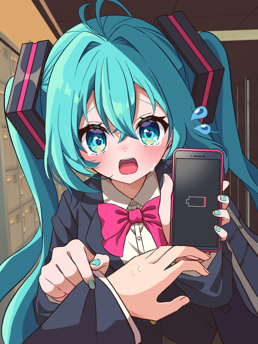 1girl 1other aqua_eyes aqua_hair aqua_nails battery_indicator blue_jacket cellphone collared_shirt commentary_request crossed_bangs flying_teardrops hair_between_eyes hair_ornament hatsune_miku highres holding holding_phone indoors irasutogakari jacket light_blush long_hair long_sleeves looking_at_viewer open_mouth phone pov school_uniform shirt sweatdrop tears twintails upper_body very_long_hair vocaloid white_shirt