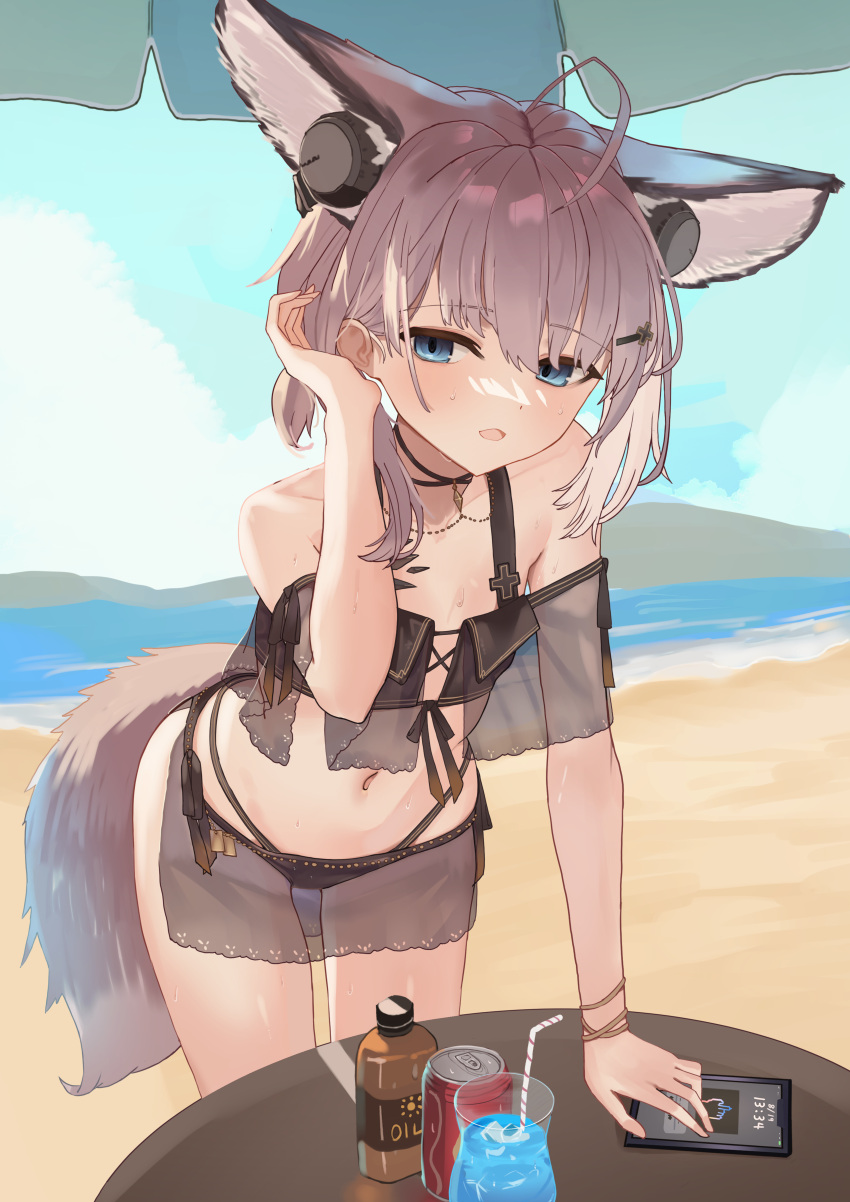 1girl absurdres adjusting_hair ahoge animal_ear_fluff animal_ears arknights beach bikini extra_ears fox_ears fox_girl fox_tail hair_ornament hairclip headphones_for_animal_ears headphones_on_animal_ears highres leaning_forward off-shoulder_bikini off_shoulder official_alternate_costume oripathy_lesion_(arknights) pink_hair see-through short_twintails sussurro_(arknights) sussurro_(summer_flower)_(arknights) suzubotan swimsuit tail twintails