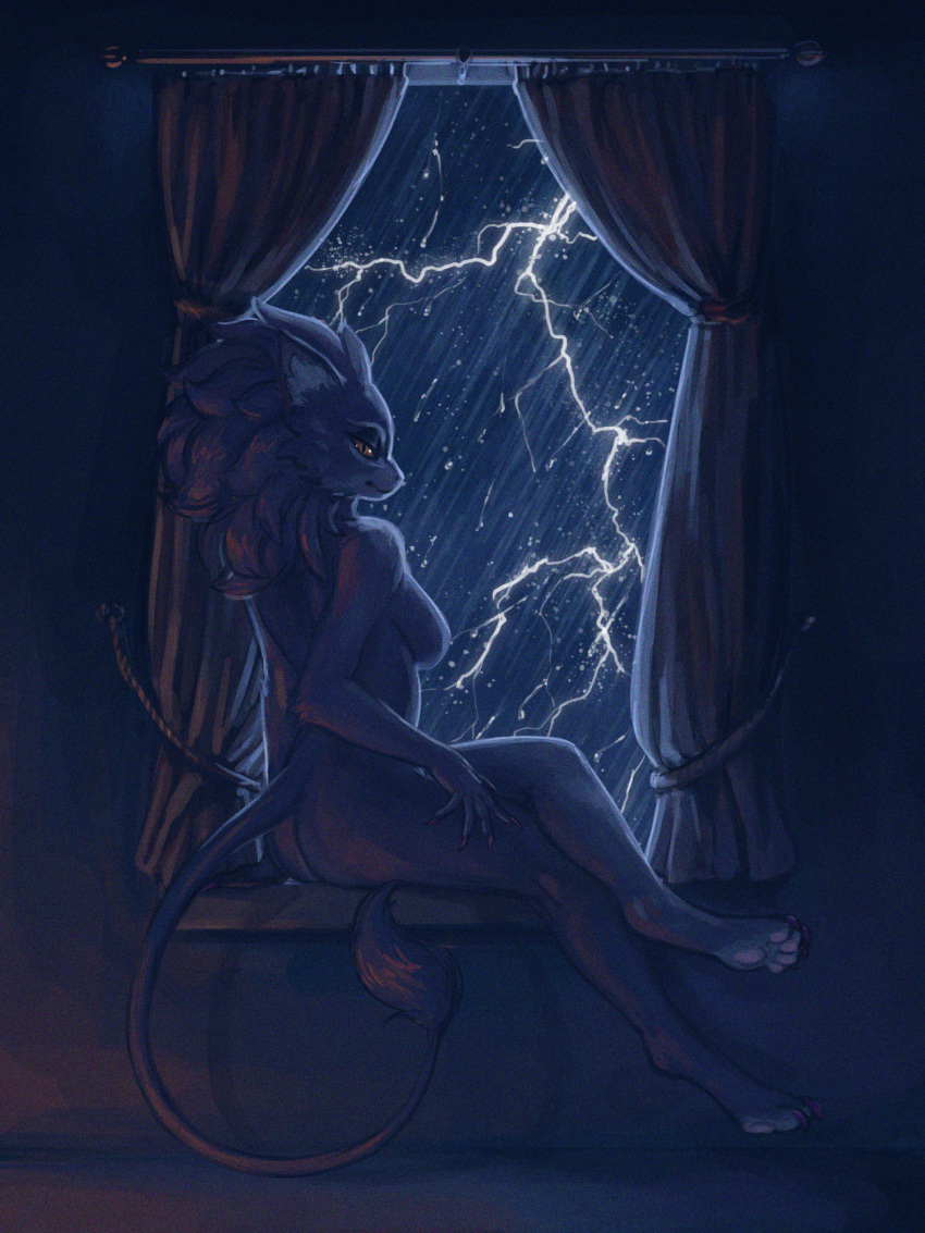 amber_eyes anthro belladonna_(trials_of_mana) electricity female fluffy fluffy_hair fluffy_tail hadmyway hair hi_res lightning long_nails looking_at_viewer pawpads paws raining sitting_on_window_sill slim solo tail thin_tail thunderstorm trials_of_mana window