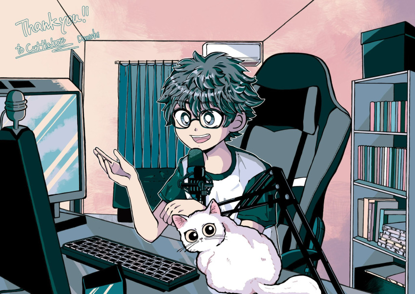 1boy air_conditioner black_eyes black_hair bookshelf borrowed_character cat commentary_request commission curtains danishi english_commentary glasses highres keyboard_(computer) male_focus microphone microphone_stand mixed-language_commentary monitor open_mouth original shirt skeb_commission smile t-shirt thank_you two-tone_shirt white_cat