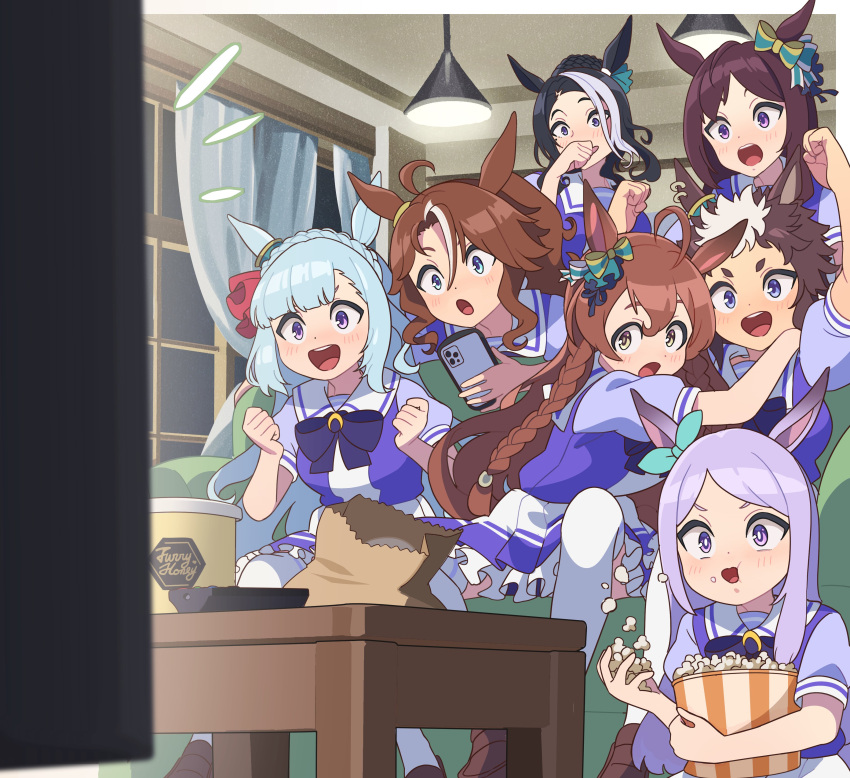 6+girls absurdres animal_ears blue_hair brown_hair controller couch eating food highres holding holding_food horse_ears horse_girl long_hair mejiro_ardan_(umamusume) mejiro_bright_(umamusume) mejiro_dober_(umamusume) mejiro_family_(umamusume) mejiro_mcqueen_(umamusume) mejiro_palmer_(umamusume) mejiro_ramonu_(umamusume) mejiro_ryan_(umamusume) multicolored_hair multiple_girls nishiki_kazue popcorn purple_eyes purple_hair school_uniform sitting streaked_hair surprised swept_bangs tracen_school_uniform two-tone_hair umamusume watching_television