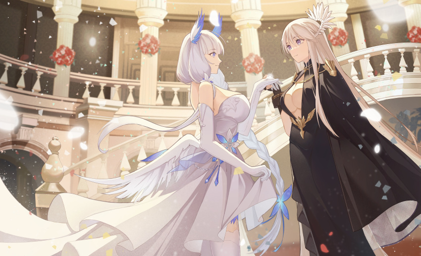 2girls absurdres azur_lane black_dress blue_eyes breasts center_opening cocktail_dress dress elbow_gloves enterprise_(azur_lane) enterprise_(heroic_finery)_(azur_lane) evening_gown feather_dress feet_out_of_frame gloves hair_wings highres huge_breasts illustrious_(azur_lane) illustrious_(illustrious_ball)_(azur_lane) indoors large_breasts long_dress long_hair looking_at_another multiple_girls official_alternate_costume purple_eyes railing skirt_hold stairs stone_stairs strapless strapless_dress very_long_hair white_dress white_gloves wife_and_wife xiaoli_(1507) yuri