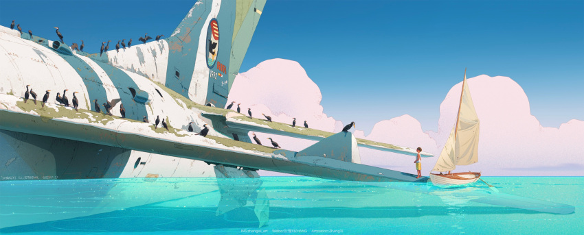 aircraft airplane bird blue_sky boat cloud commentary cormorant english_commentary highres horizon looking_ahead oar original overgrown partially_submerged ruins sail sailboat scenery shorts sky sparkling_water spread_wings standing tank_top very_wide_shot water watercraft white_tank_top wide_shot wreckage xi_zhang yellow_shorts