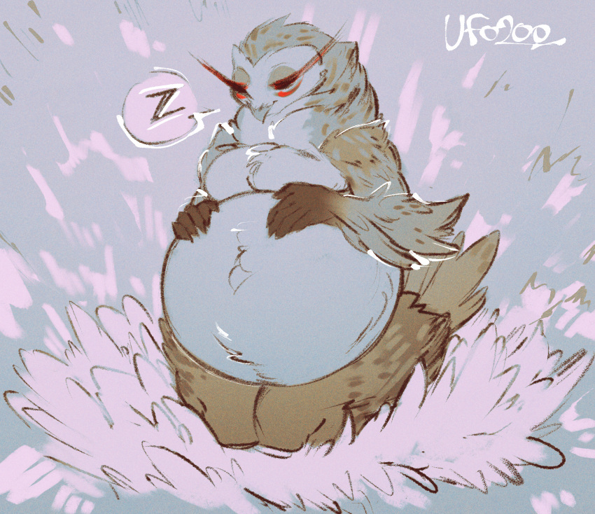 2023 5_fingers anthro avian barn_owl beak belly big_belly bird breasts brown_body cheek_tuft colored cozy curvy_figure cute_expression digital_drawing_(artwork) digital_media_(artwork) eastern_barn_owl eyelashes eyeliner eyes_closed facial_tuft fanned_tail_tip feather_markings feathers female fingers fluffy fluffy_tail front_view full-length_portrait furniture grass grey_background grey_eyes hand_on_stomach hands_on_stomach happy hay hi_res highlights_(coloring) hou_suyin_(icecreamcoconuts) kneeling kneeling_on_ground kneeling_position long_eyelashes looking_down makeup markings masked_owl minimal_color navel nest nesting nipples owl plant plumage portrait pose pregnant pregnant_female red_makeup resting shaded signature simple_background sitting sleeping smile solo sound_effects speckled_body speech_bubble spots spotted_body spotted_feathers tail talons tan_body tan_feathers thick_eyelashes thick_thighs tuft tytonid ufo200 vowelless vowelless_sound_effect yellow_beak zzz