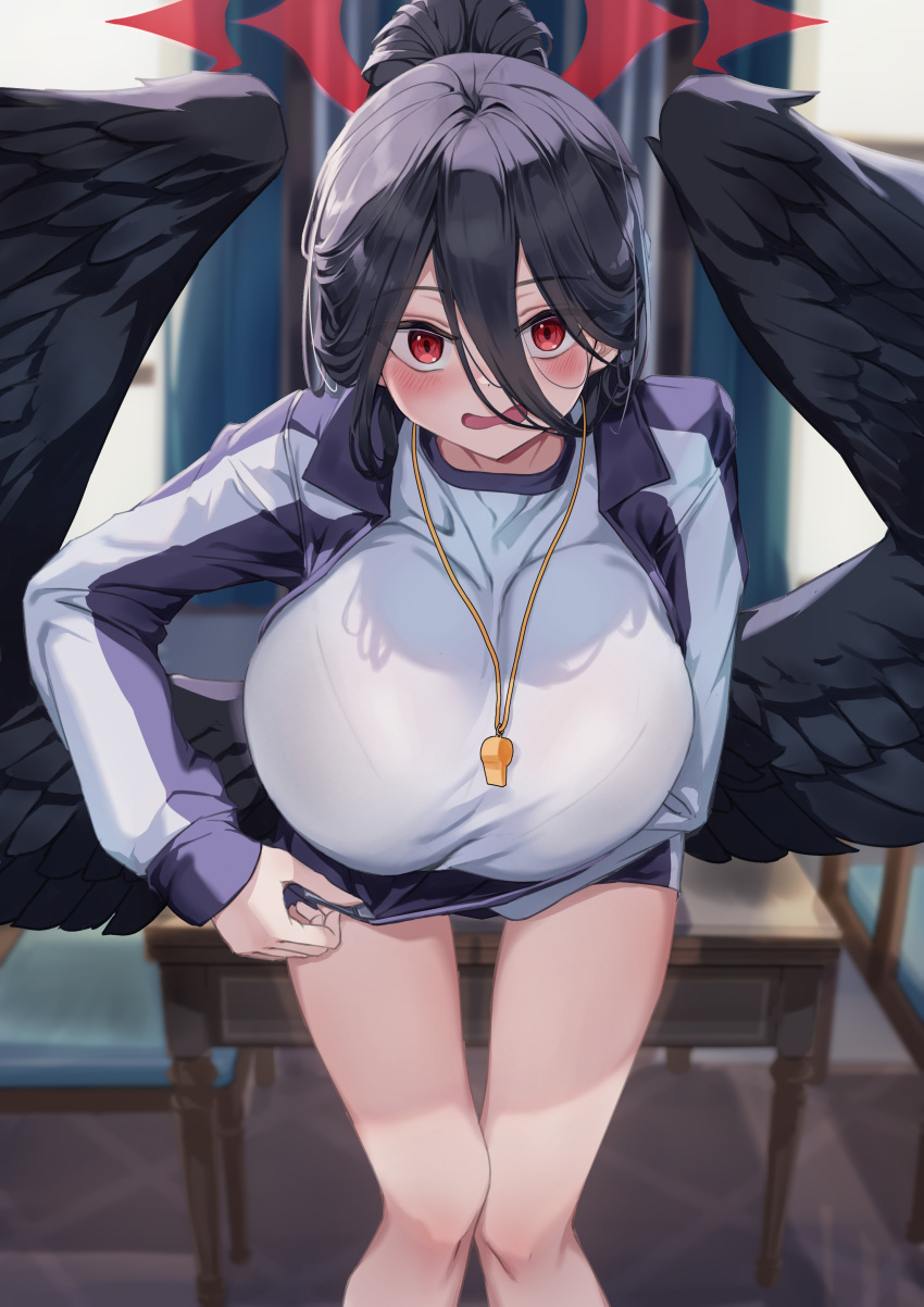 1girl absurdres bare_legs black_hair black_wings blue_archive blush breasts feathered_wings feet_out_of_frame gym_shirt gym_uniform hair_between_eyes halo hasumi_(blue_archive) hasumi_(track)_(blue_archive) highres huge_breasts jacket leaning_forward looking_at_viewer official_alternate_costume ponytail red_eyes rnjs4967 shirt solo track_jacket whistle whistle_around_neck wings