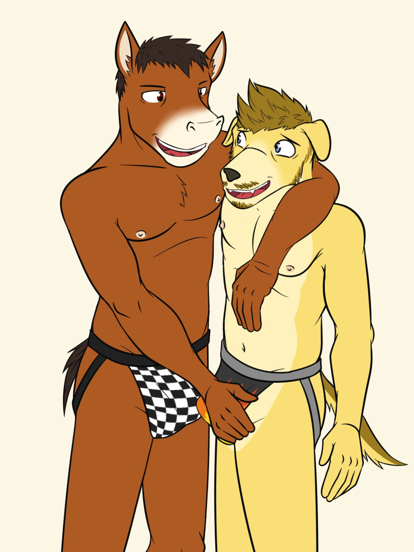 anthro arm_around_shoulders beard canid canine canis checkered_clothing checkered_underwear clothed clothing clyde_(texnatsu) crotch_grab domestic_dog duo equid equine erection erection_under_clothing facial_hair flame_pattern franklin_(texnatsu) fuze grope hi_res horse jockstrap jockstrap_only male male/male mammal mustache navel nipples pattern_clothing pattern_underwear simple_background tenting texnatsu topless underwear underwear_only white_background