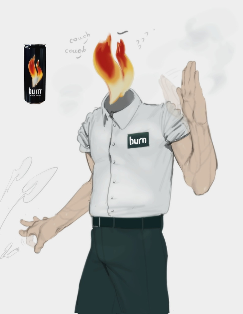 2023 belt biped bottomwear burn_(energy_drink) clothed clothing coughing digital_media_(artwork) elemental_creature elemental_humanoid english_text fire fire_creature fire_humanoid for_a_head fully_clothed grey_background hi_res humanoid kogito male name_tag not_furry pants pose shirt simple_background smoke solo text topwear