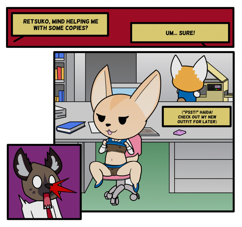 aggretsuko ailurid anthro blood bodily_fluids canid canine clothing comic desk detailed_background female fennec fenneko flashing fox front_view fur furniture grey_body grey_fur group haida_(aggretsuko) hi_res hyena lace lace_panties male mammal nosebleed office office_clothing panties red_panda retsuko sanrio shocked sitting standing table tan_body tan_fur teot text underwear yellow_body yellow_fur