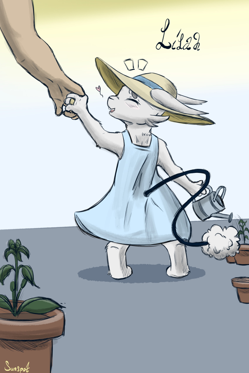 &lt;3 2:3 alien clothing digit_ring dress duo eyes_closed hand_holding hat headgear headwear hi_res human jewelry lilah_(sunspot) mammal plant sivkit_(the_nature_of_predators) sun_hat sunspot_(artist) the_nature_of_predators watering_can