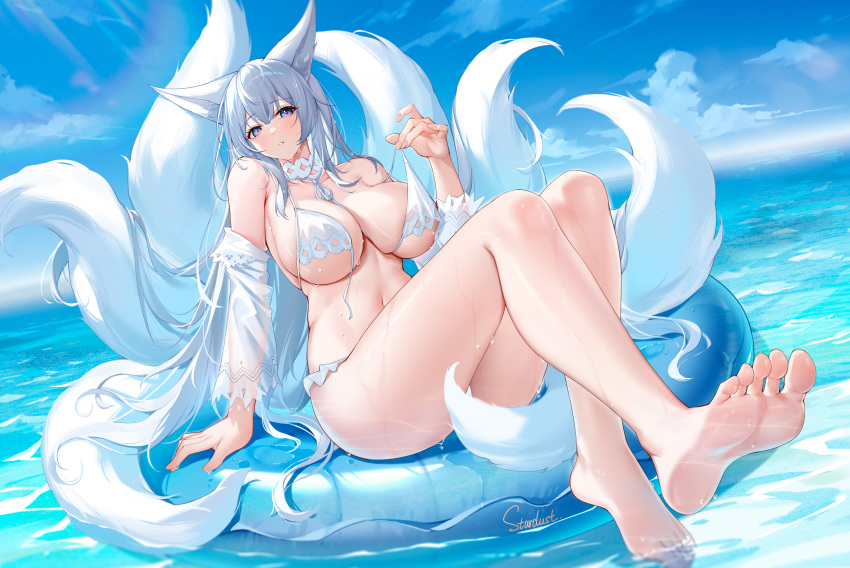 1girl animal_ear_fluff animal_ears artist_name azur_lane barefoot bikini breasts detached_sleeves dutch_angle feet fox_ears fox_girl fox_tail full_body highres huge_breasts kitsune knees_together_feet_apart knees_up kyuubi large_tail legs long_hair long_sleeves looking_at_viewer multiple_tails official_alternate_costume purple_eyes see-through see-through_sleeves shinano_(azur_lane) shinano_(dreamy_white_sands)_(azur_lane) shiny_skin soles solo stardust_(chen'ai_weiding) swimsuit tail tail_censor toes undone_bikini untied_bikini very_long_hair white_bikini white_hair white_tail