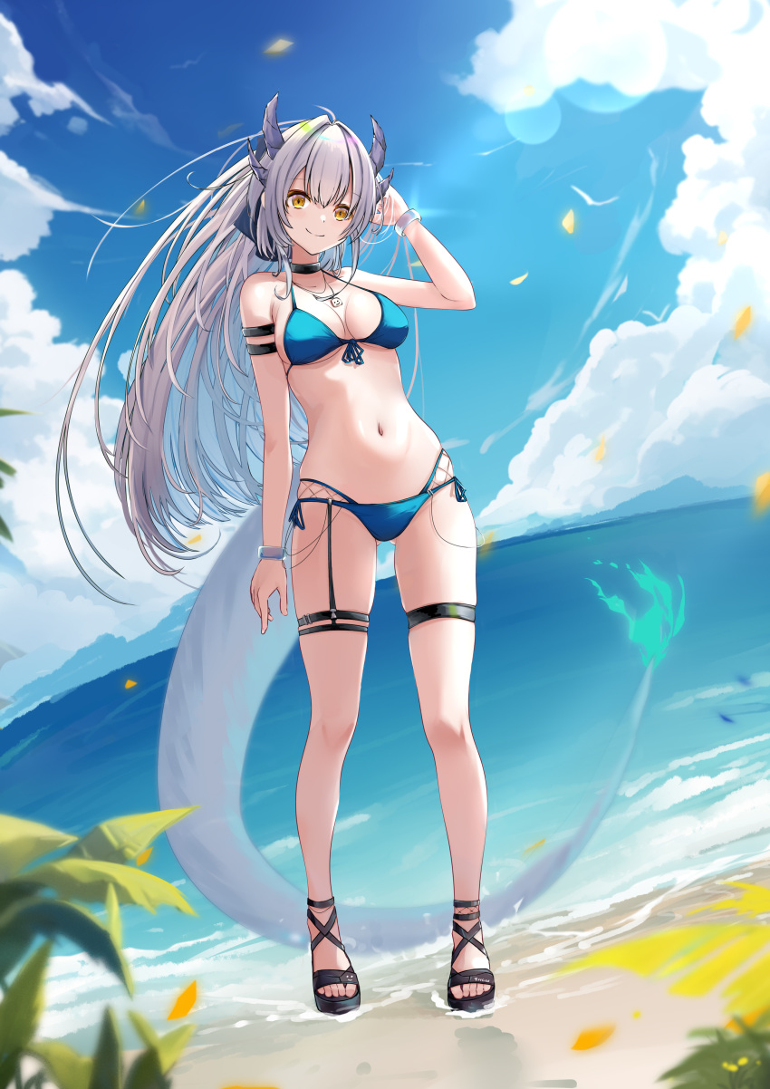 1girl absurdres armlet beach bikini black_choker blue_bikini blue_sky blurry bracelet breasts character_request choker closed_mouth cloud cloudy_sky commentary_request copyright_request dasiu depth_of_field front-tie_bikini_top front-tie_top full_body grey_hair hand_up highres horns jewelry lens_flare long_hair looking_at_viewer medium_breasts multi-strapped_bikini navel necklace ocean outdoors sandals side-tie_bikini_bottom sky smile solo standing swimsuit tail thigh_strap virtual_youtuber yellow_eyes