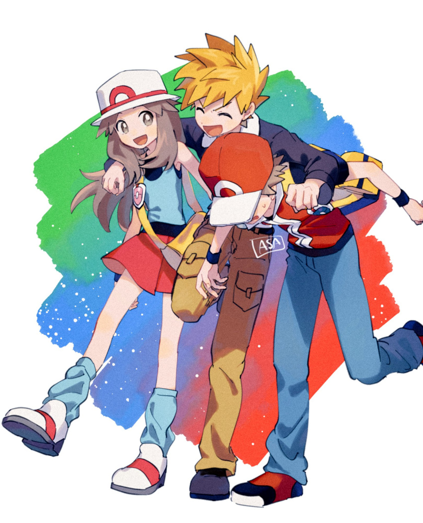 1girl 2boys :d bag black_footwear black_jacket black_wristband blue_oak brown_eyes brown_hair green_shirt grey_asa hair_flaps hat highres jacket leaf_(pokemon) leg_up long_hair loose_socks multiple_boys open_mouth pants pleated_skirt pokemon pokemon_(game) pokemon_frlg pokemon_hgss red_(pokemon) red_headwear shirt shoes shoulder_bag sidelocks skirt sleeveless sleeveless_shirt smile socks standing t-shirt vest white_footwear white_headwear yellow_bag