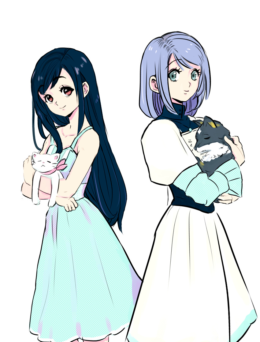 2girls animal black_hair brown_eyes cat dog dress final_fantasy final_fantasy_vii final_fantasy_vii_remake final_fantasy_xvi grey_eyes grey_hair highres holding holding_animal holding_cat holding_dog hugo_artist in-franchise_crossover jill_warrick multiple_girls short_hair simple_background sleeveless sleeveless_dress smile tifa_lockhart torgal_(ff16)