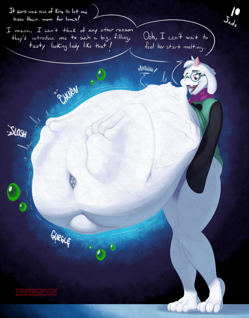 abdominal_bulge absurd_res anthro anthro_pred begging belly big_belly bodily_fluids body_outline bovid butt caprine clothed clothing deltarune dialogue digestion digital_media_(artwork) duo english_text face_imprint fatal_vore feet female female_prey fully_inside fur goat hair hi_res humanoid hybrid imminent_digestion imprint male male/female mammal navel onomatopoeia open_mouth oral_vore outline overweight paws ralsei rumbling_stomach simple_background size_difference smile sound_effects speech_bubble tairedfox text tongue toriel undertale_(series) unwilling_prey vore white_body willing_prey young_on_old