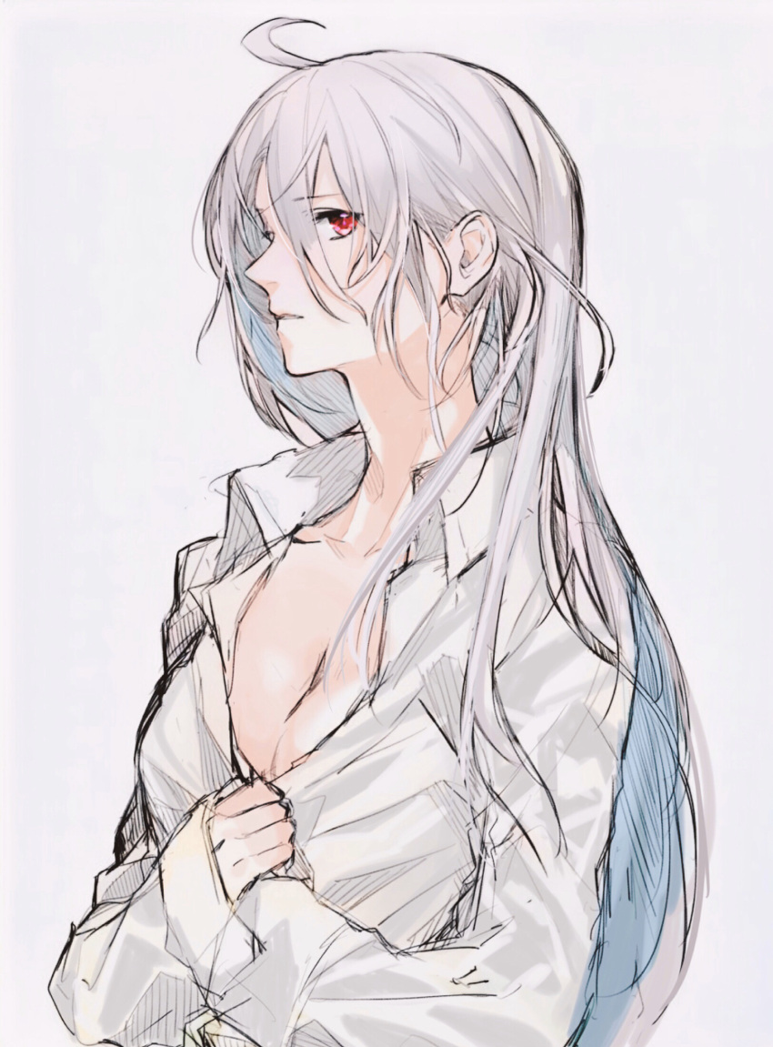 1girl ahoge breasts cleavage grey_background hair_strand hands_on_own_chest highres hikachil laevateinn_(phantom_of_the_kill) long_hair long_sleeves medium_breasts messy_hair parted_lips phantom_of_the_kill sketch solo teeth upper_body white_hair