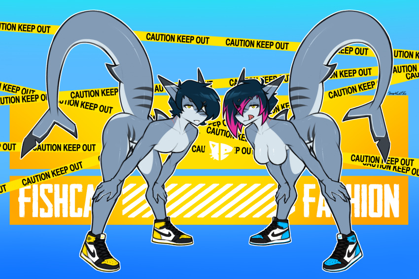 2023 anthro bent_over breasts clothing dorsal_fin duo english_text featureless_breasts female fin fish footwear footwear_only hi_res male marine mostly_nude shark sharkcatsg shoes shoes_only sneakers standing text