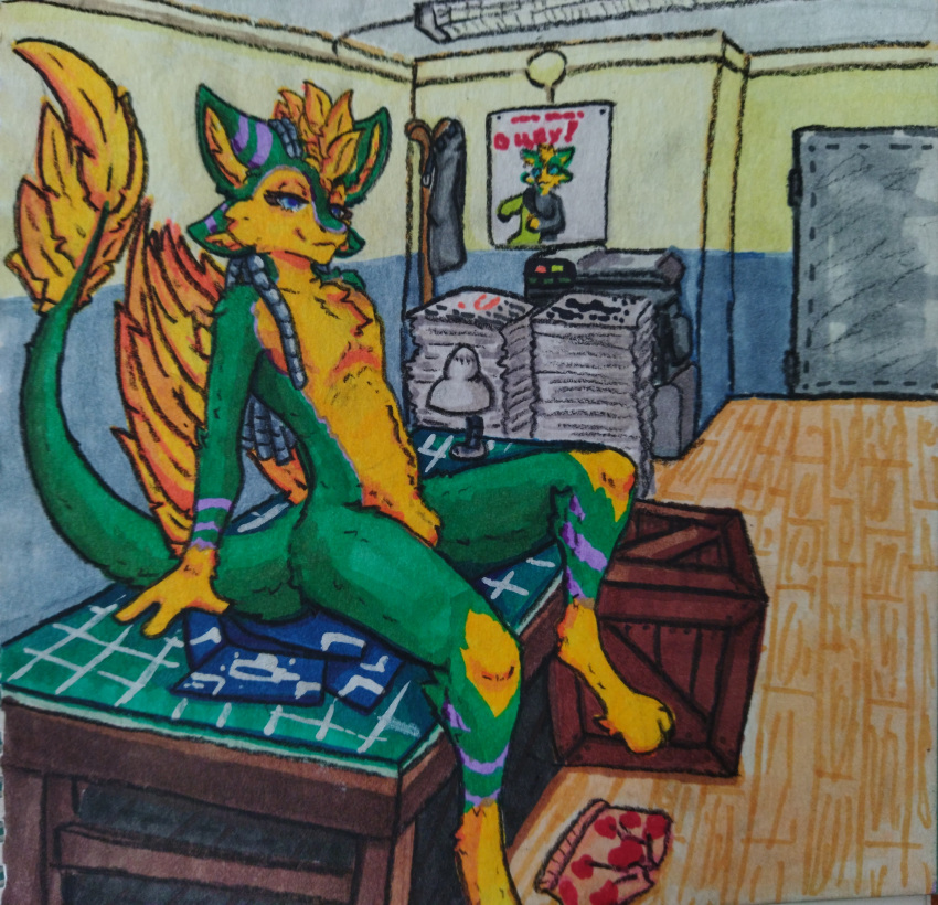 4_ears absurd_res anthro avali crate feathers furniture green_body green_feathers hi_res male multi_ear nude orange_body orange_feathers purple_body purple_feathers sitting sitting_on_table smug solo table tail tiskanomicon vaineris winged_arms wings yellow_body yellow_feathers