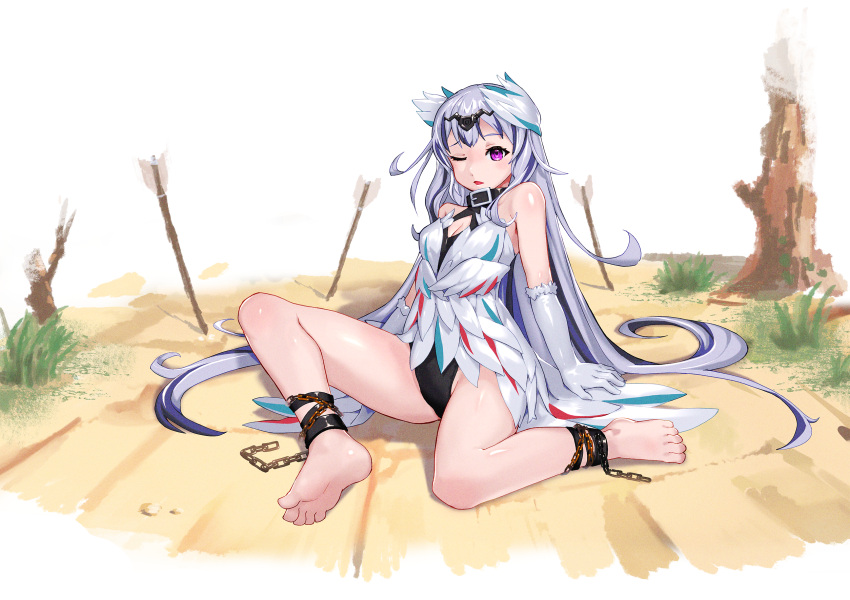 1girl bare_legs bare_shoulders barefoot black_choker black_hair bluesnail blush breasts choker dress feather_dress feather_hair_ornament feathers feet fire_emblem fire_emblem_engage full_body grey_hair hair_ornament highres legs leotard long_hair looking_at_viewer multicolored_hair one_eye_closed petite purple_eyes small_breasts soles solo solo_focus split-color_hair toes two-tone_hair very_long_hair veyle_(fire_emblem) wavy_hair