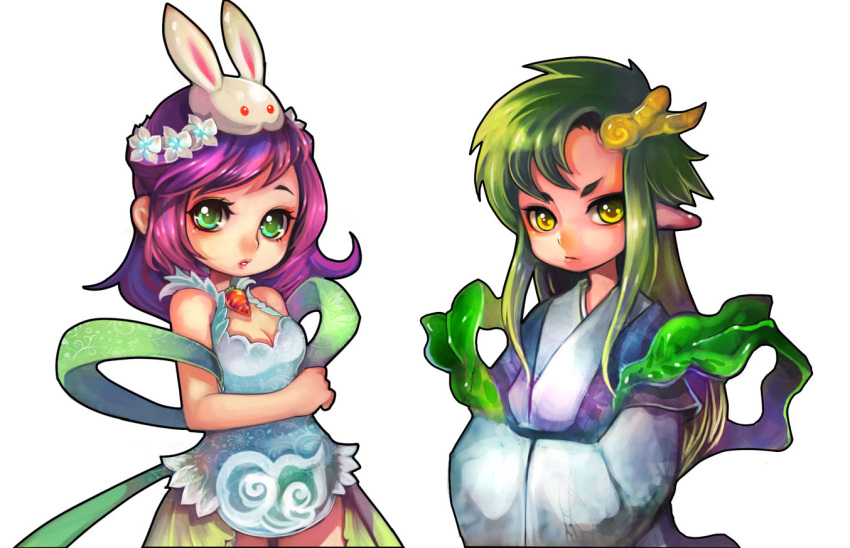 1boy 1girl animal_hat breasts carrot_necklace cc423 chinese_clothes cleavage copyright_request dragon_horns green_eyes green_hair hat head_wreath horns jewelry lipstick long_hair makeup necklace pink_hair rabbit_hat white_background wide_sleeves yellow_eyes