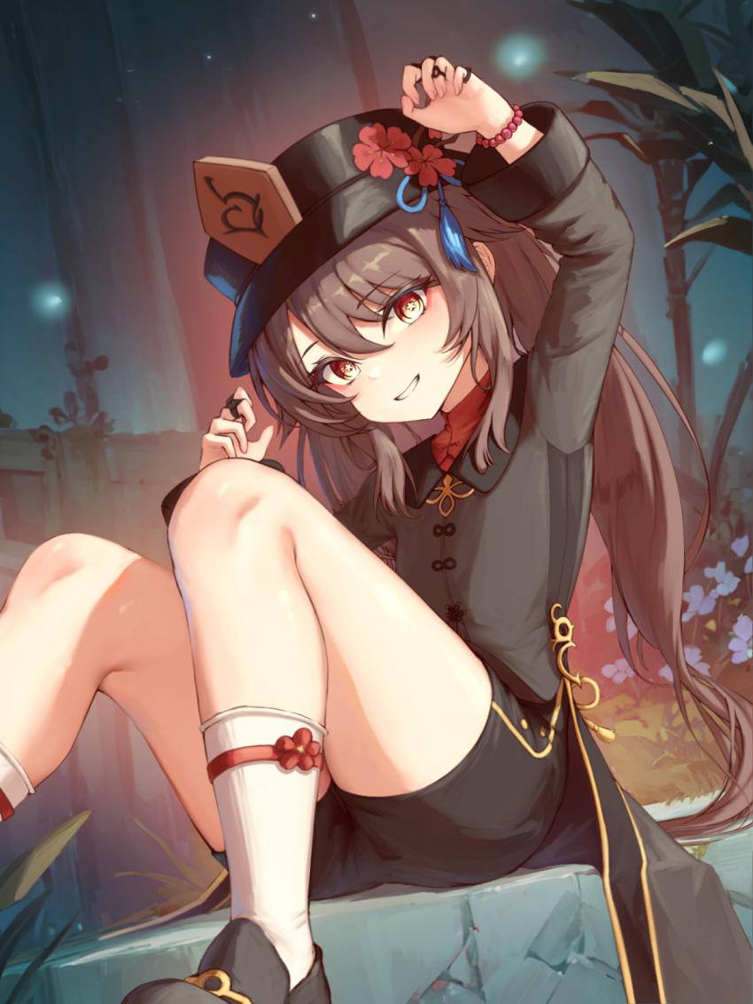 1girl black_hair black_thighhighs genshin_impact hands_up hat highres hu_tao_(genshin_impact) long_sleeves looking_at_viewer nail_polish porkpie_hat red_hair shorts sidelocks socks star-shaped_pupils star_(symbol) symbol-shaped_pupils thighhighs twitter_username xiao_xiao_tian