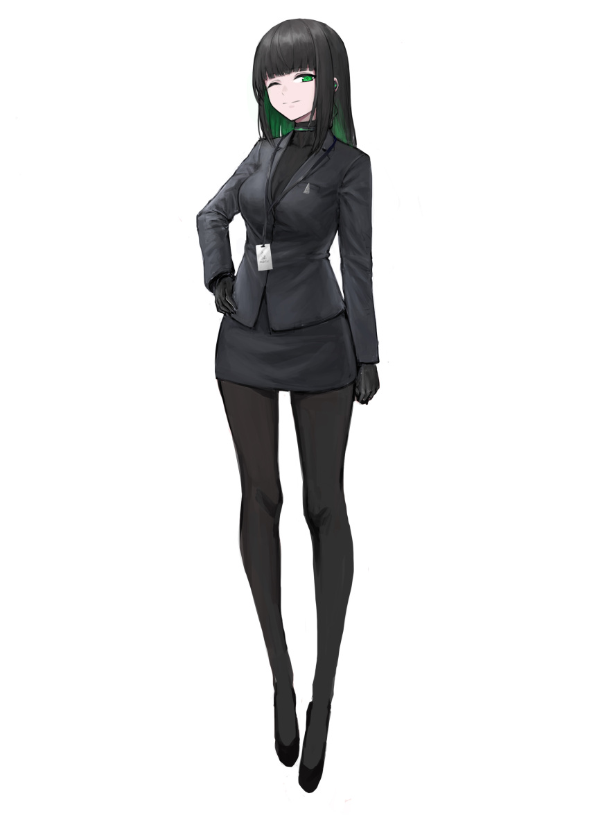 1girl absurdres allmind_(armored_core_6) armored_core armored_core_6 black_gloves black_hair black_jacket black_pantyhose black_suit colored_inner_hair gloves green_eyes green_hair highres jacket jsli48763 lanyard long_hair looking_at_viewer multicolored_hair one_eye_closed pantyhose personification solo suit white_background