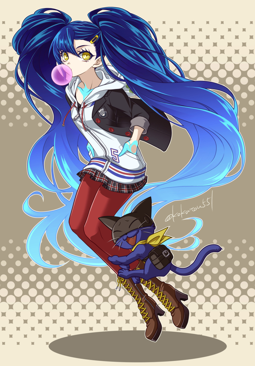 1boy animal_on_leg blue_hair boots bubble_blowing cait_sith_(megami_tensei) cat checkered_clothes checkered_skirt chewing_gum collarbone cosplay crossdressing eyelashes gradient_hair hair_ornament hairclip hands_in_pockets highres hood hood_down hoodie kokutou_eiri long_hair looking_at_viewer male_focus morgana_(persona_5) morgana_(persona_5)_(cosplay) multicolored_hair neckerchief pantyhose persona persona_5 protagonist_(smtv) red_pantyhose school_uniform shin_megami_tensei shin_megami_tensei_v shuujin_academy_school_uniform simple_background skirt sleeves_rolled_up takamaki_anne takamaki_anne_(cosplay) twintails twitter_username very_long_hair yellow_eyes yellow_neckerchief