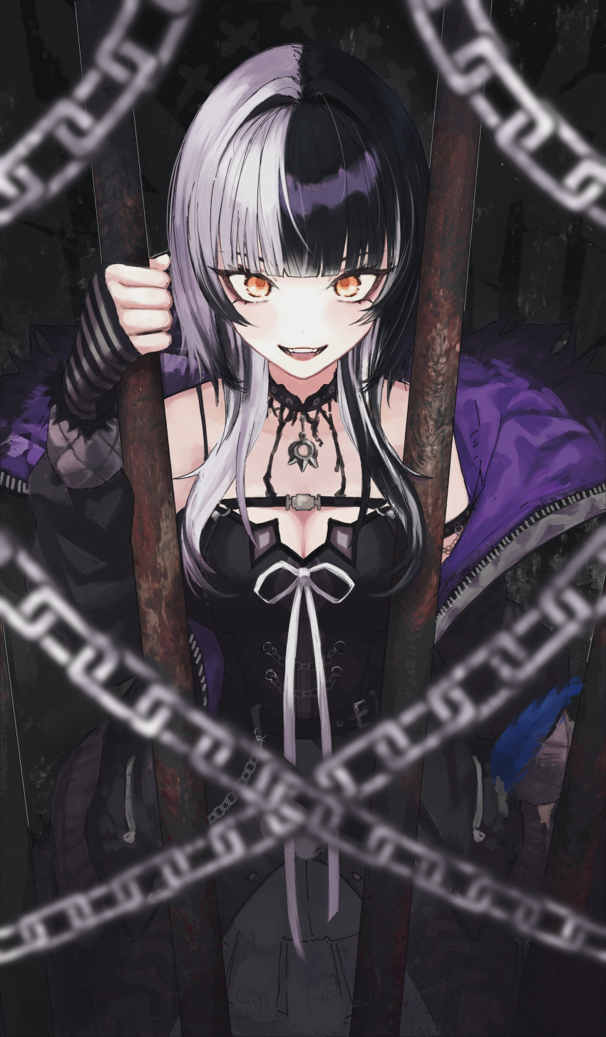 1girl absurdres black_choker black_coat black_dress black_hair breasts chain chest_belt choker cleavage coat dress english_commentary fur-trimmed_coat fur_trim grey_hair highres hololive hololive_english iron_bars lace lace_choker large_breasts layered_dress long_hair looking_at_viewer multicolored_hair open_mouth prison_cell reon_(98109reon) shiori_novella sleeveless sleeveless_dress solo split-color_hair striped_arm_warmers two-tone_hair virtual_youtuber yellow_eyes
