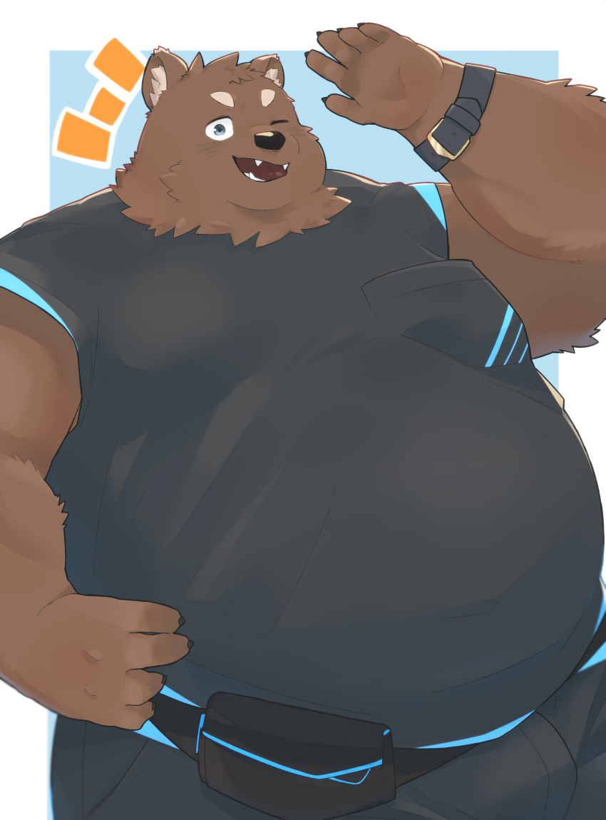 2023 absurd_res anthro bear belly big_belly bottomwear brown_body brown_fur clothing en_1_9 fur hi_res humanoid_hands kemono male mammal one_eye_closed overweight overweight_male pants simple_background solo wink