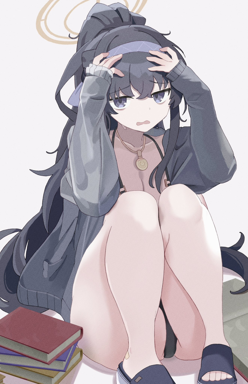 1girl bags_under_eyes black_hair blue_archive book chikoku commentary grey_background hairband highres knees_up legs long_hair official_alternate_costume official_alternate_hairstyle ponytail purple_eyes purple_hairband sandals simple_background solo toes ui_(blue_archive) ui_(swimsuit)_(blue_archive)
