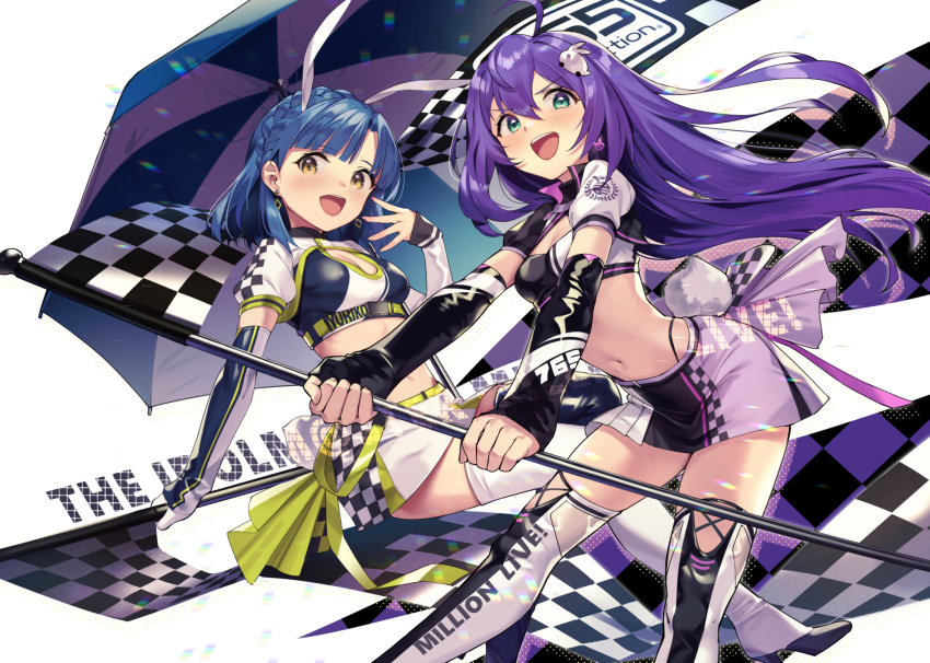 2girls ahoge animal_ears asymmetrical_gloves asymmetrical_legwear black_gloves blue_hair blush boots braid breasts checkered_clothes checkered_flag checkered_jacket checkered_skirt cleavage crop_top cropped_jacket detached_sleeves earrings elbow_gloves english_text fake_animal_ears fake_tail fingerless_gloves flag gloves green_eyes hair_between_eyes hair_ornament hand_up highres holding holding_flag idolmaster idolmaster_million_live! idolmaster_million_live!_theater_days jacket jewelry long_hair looking_at_viewer medium_breasts midriff miniskirt mismatched_legwear mochizuki_anna multiple_girls nanao_yuriko navel open_mouth puffy_short_sleeves puffy_sleeves purple_hair rabbit_ears rabbit_hair_ornament rabbit_tail race_queen rainbow_gradient shennai_misha short_hair short_sleeves skirt small_breasts smile tail teeth thigh_boots umbrella upper_teeth_only white_background white_footwear white_gloves yellow_eyes