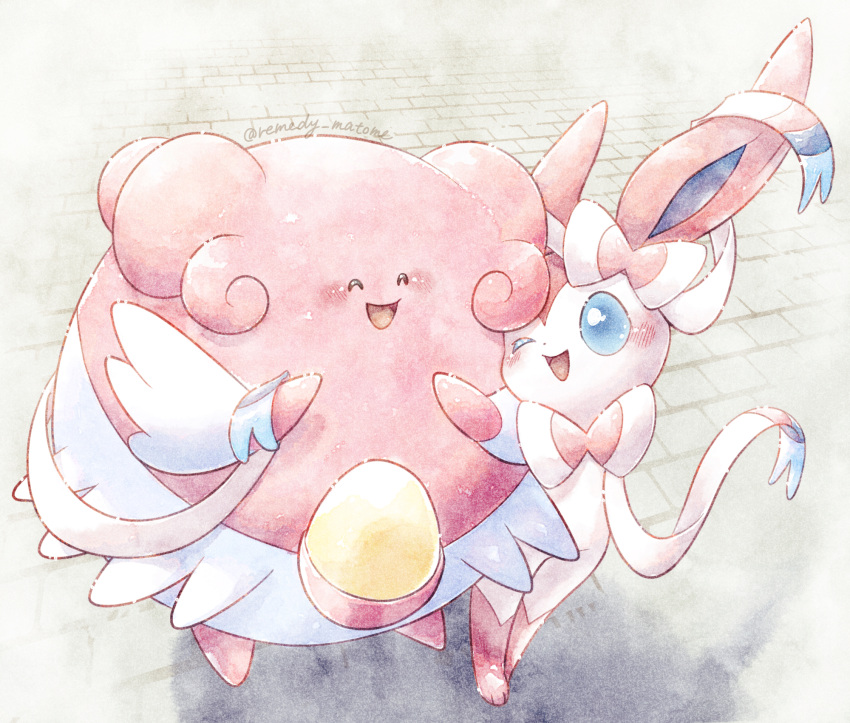 :d ;d ^_^ affectionate blissey blue_eyes blush closed_eyes commentary_request cuddling highres no_humans one_eye_closed open_mouth pokemon pokemon_(creature) remedy_matome smile standing sylveon tongue