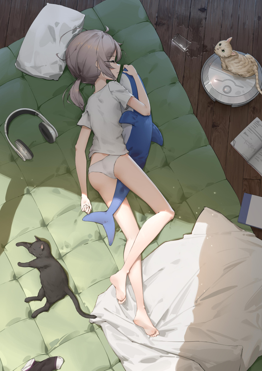 1girl absurdres barefoot black_cat book cat closed_eyes commentary_request from_above girls'_frontline glass grey_hair headphones highres indoors long_hair lying m200_(girls'_frontline) object_hug on_bed on_side orange_cat panties pillow ponytail robotic_vacuum_cleaner shirt solo spilling stuffed_animal stuffed_shark stuffed_toy t-shirt tr07 underwear white_panties white_shirt